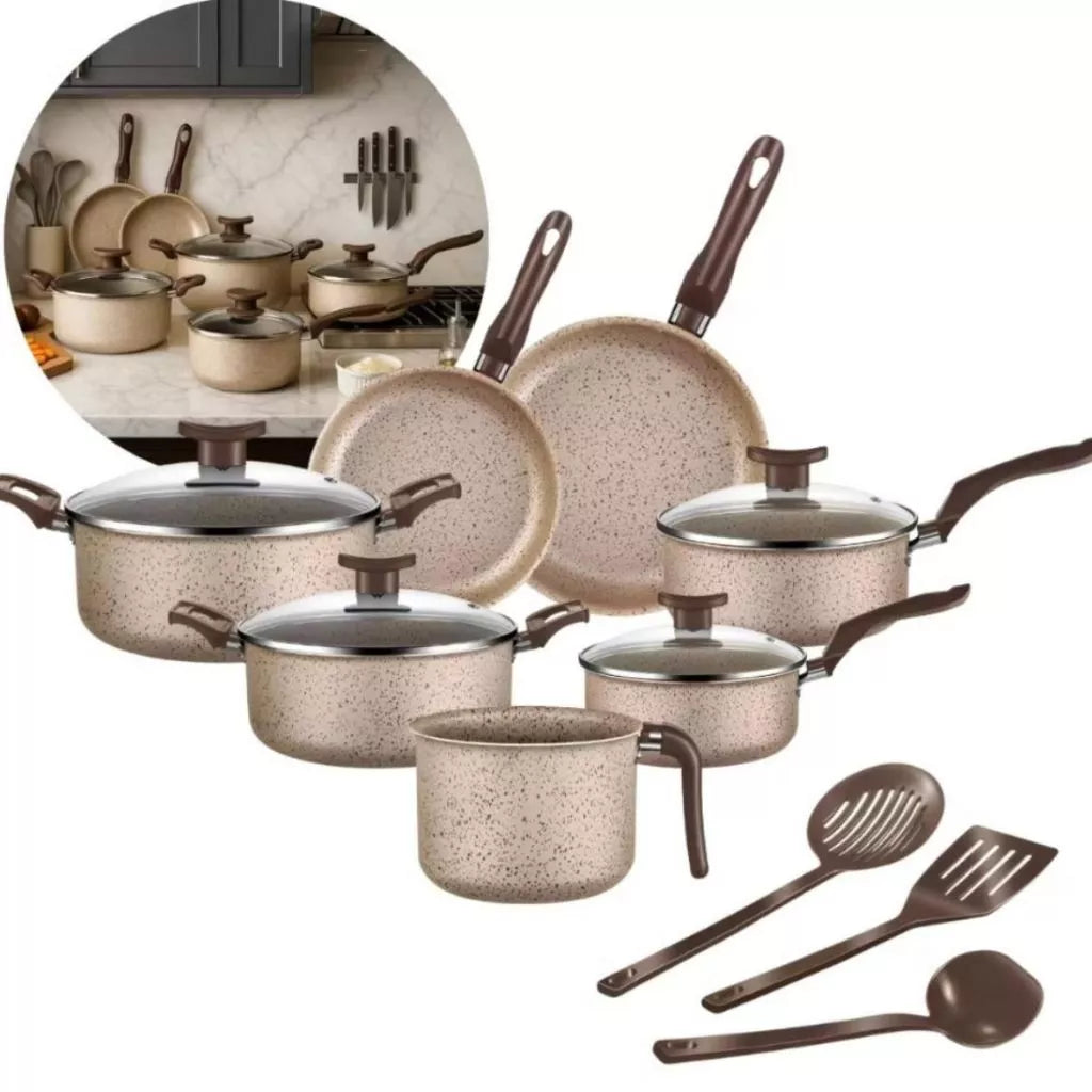 Conjunto De Panelas 10 Peças Antiaderente Caçarola Frigideira Fervedor Cor Coffee Cappuccino + Talheres